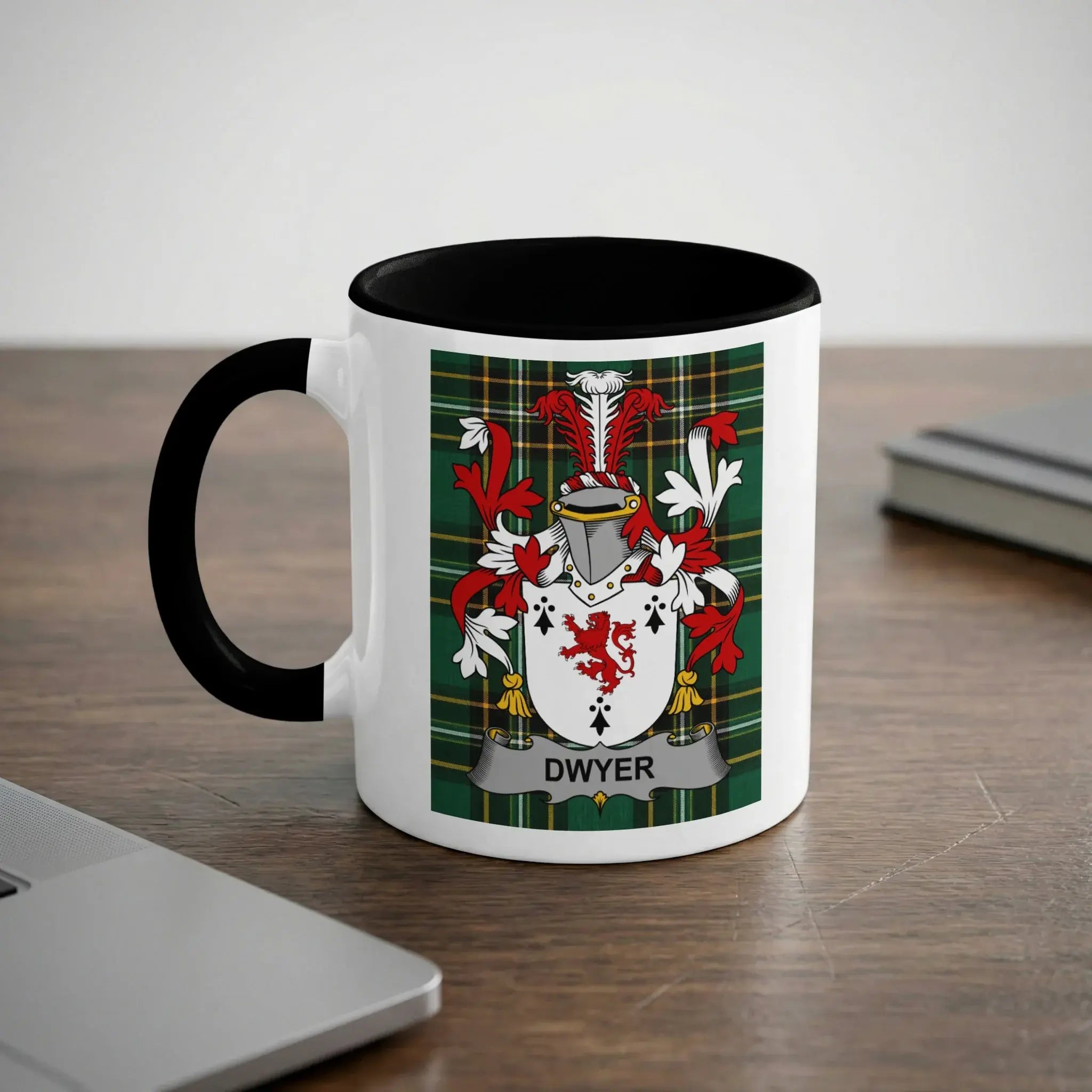 White mug with black handle featuring the Dwyer family crest.