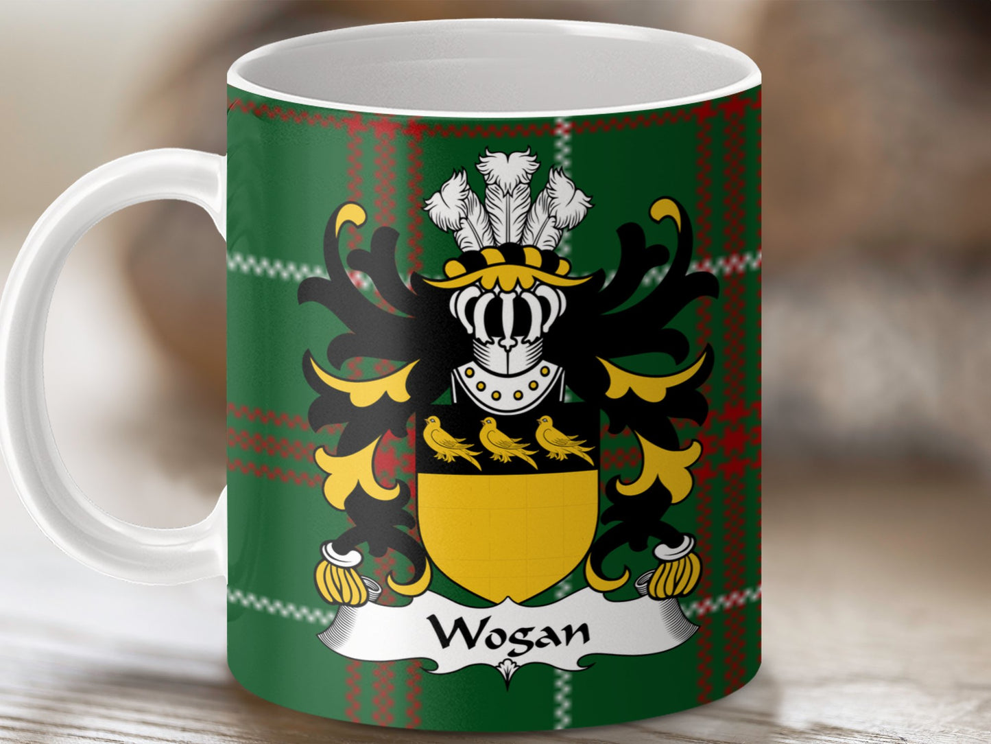 Wogan Welsh Surname Coat of Arms Tartan Background Mug - Living Stone Gifts