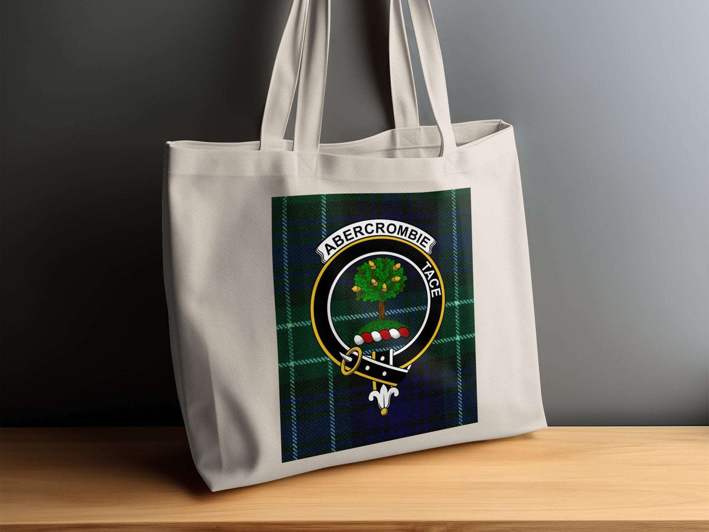 Abercrombie Clan Crest on Tartan Background Tote Bag - Living Stone Gifts