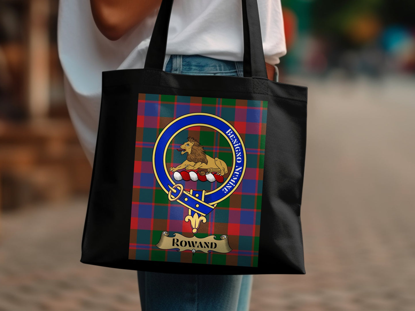 Scottish Clan Crest Tartan Background Rowand Tote Bag - Living Stone Gifts