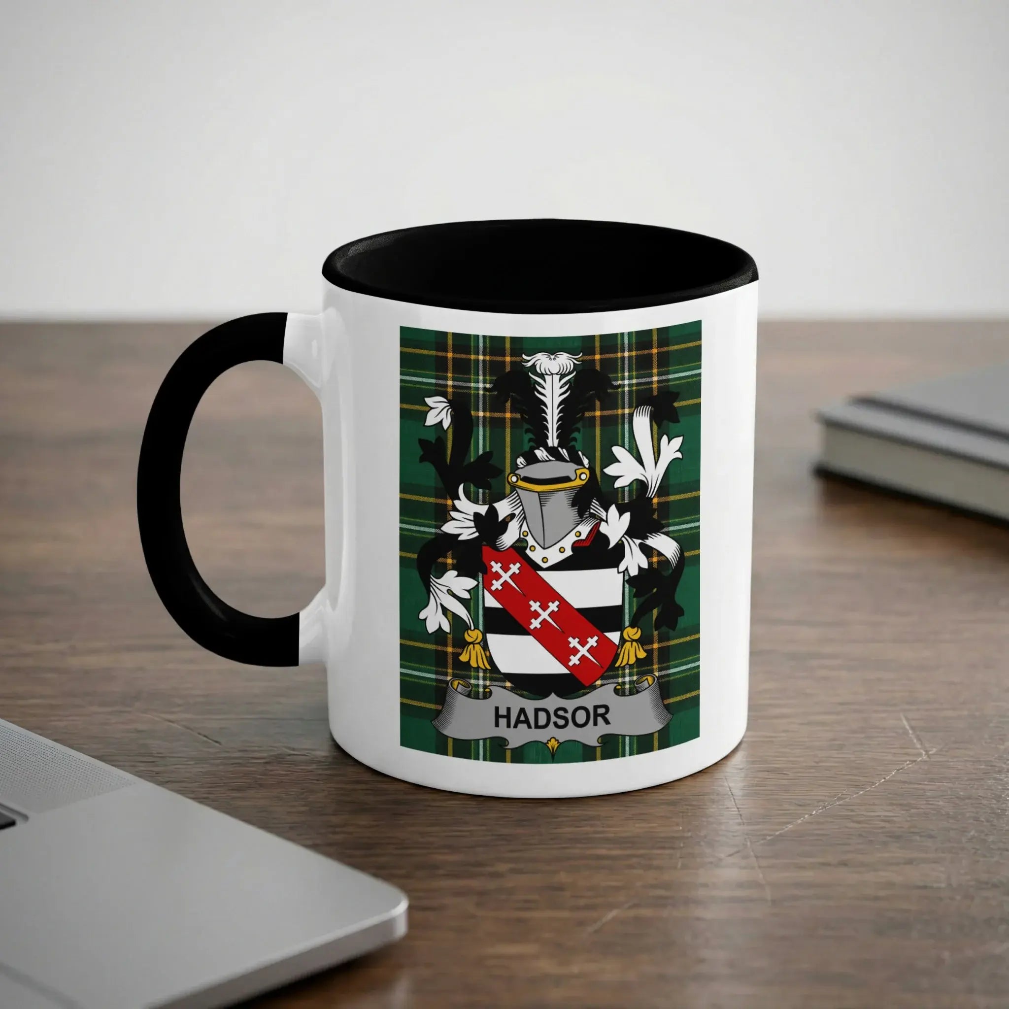 White mug with black handle featuring the Hadsor coat of arms.