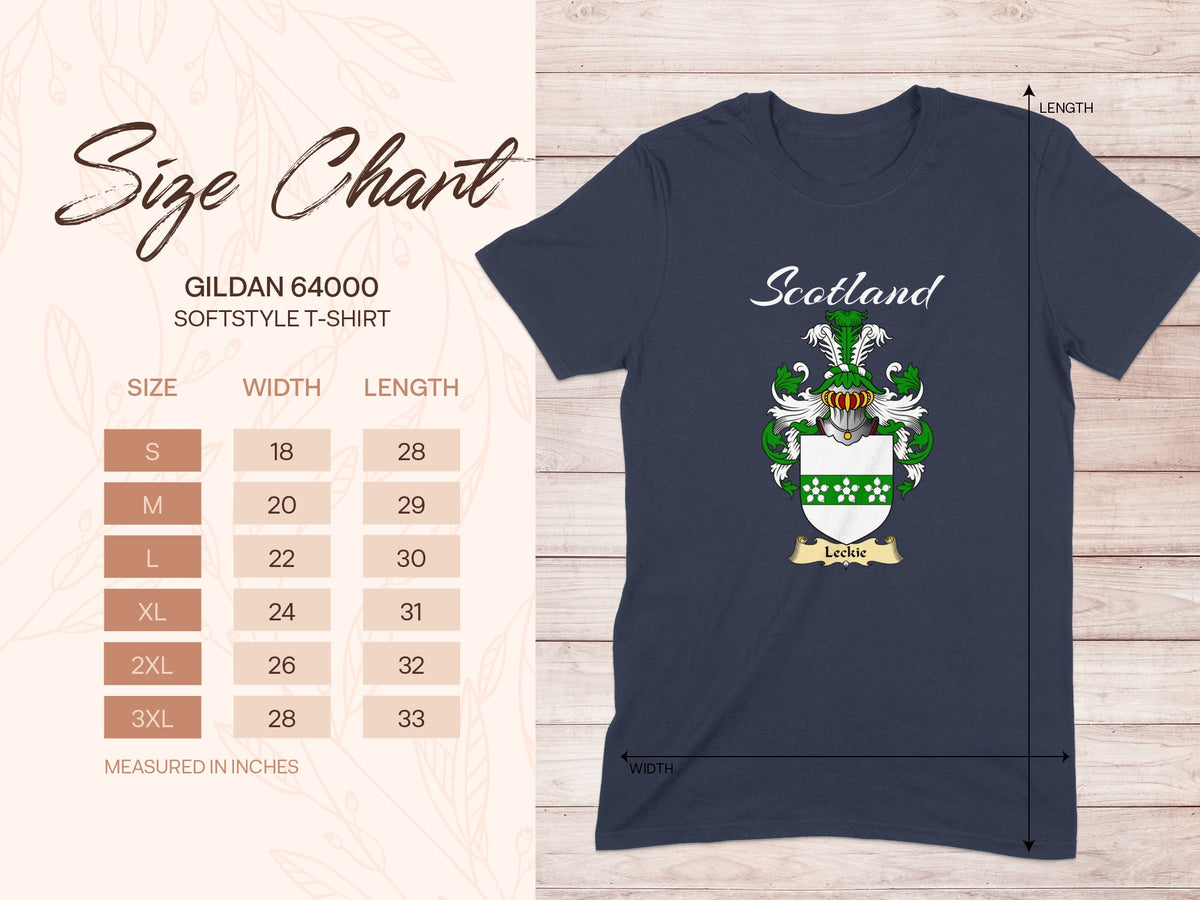Gildan 64000 size chart for the Leckie unisex T-shirt, sizes S to 3XL