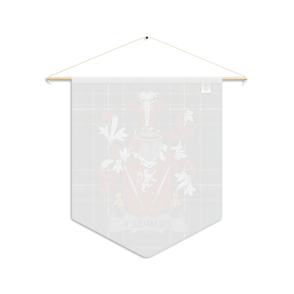 Pennant with tartan background and heraldic crest featuring swords and lion.