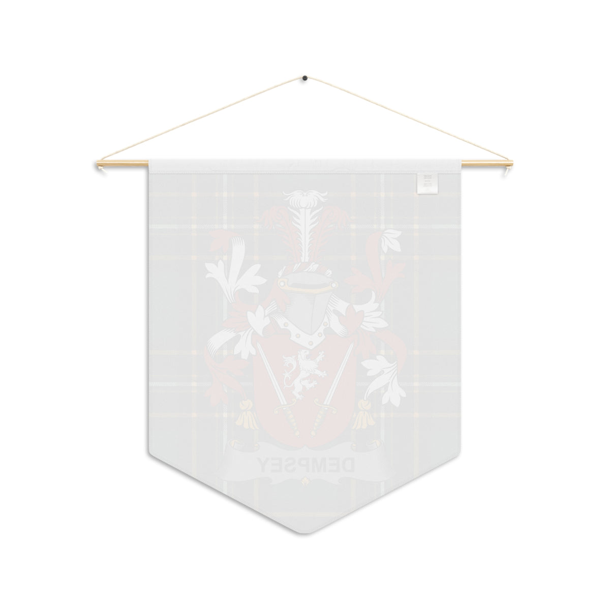 Pennant with tartan background and heraldic crest featuring swords and lion.