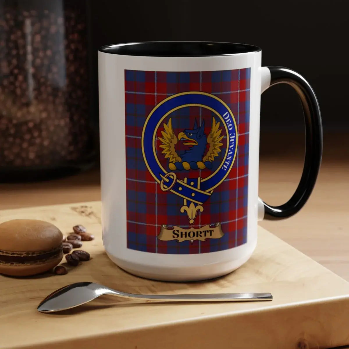 Close-up of the Shortt clan crest printed on a ceramic mug