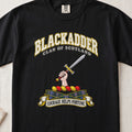 Blackadder Scottish clan T-shirt in Black, front view with a hand holding a raised sword and motto banner.