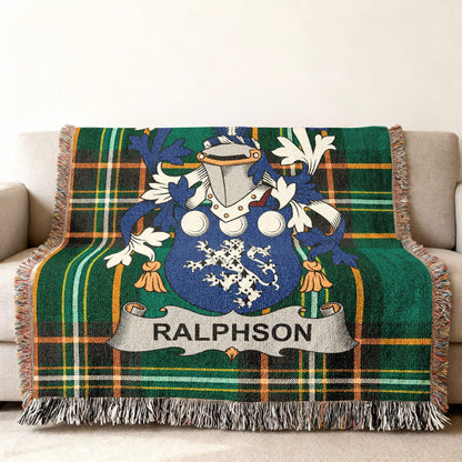 Green plaid throw blanket featuring the Ralphson family crest.