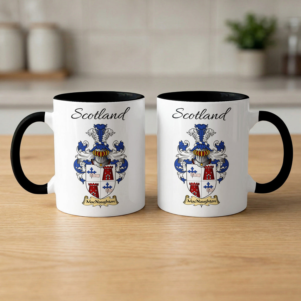 Pair of black-accent MacNaughton Scottish coat of arms mugs showing the family design printed on both sides