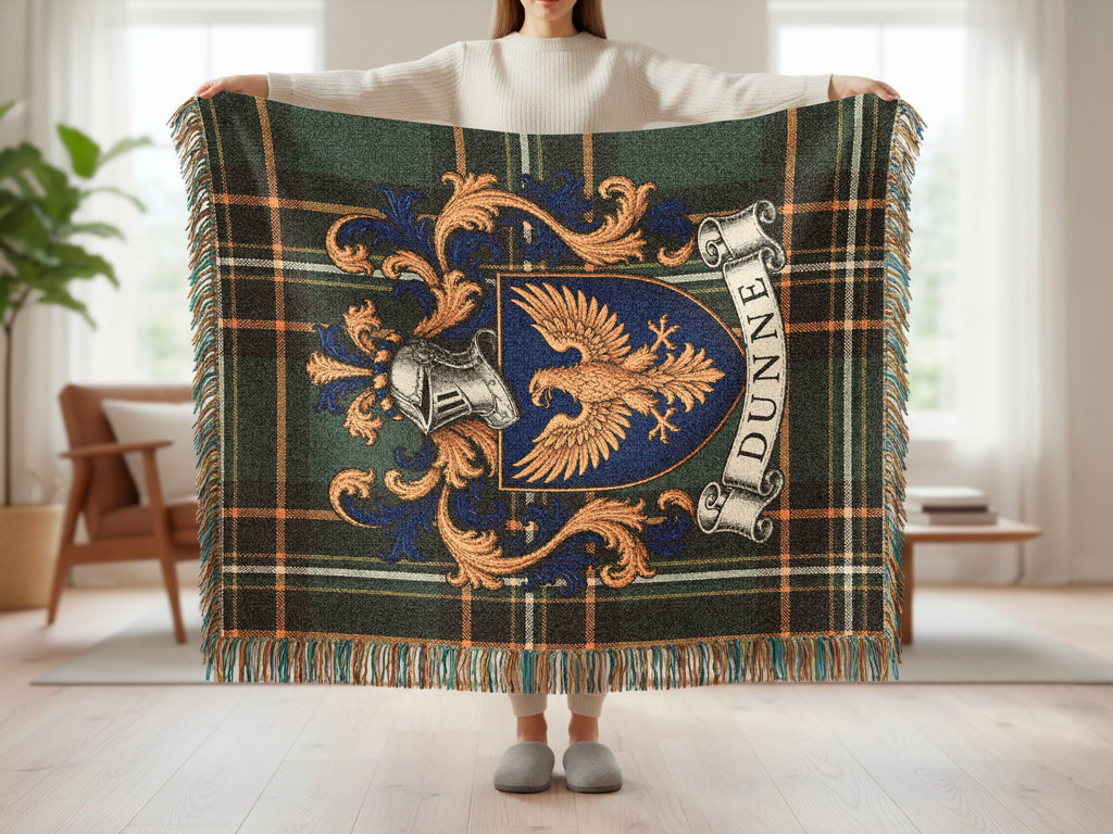 Dunne Irish National Tartan woven blanket with family crest and fringed edges