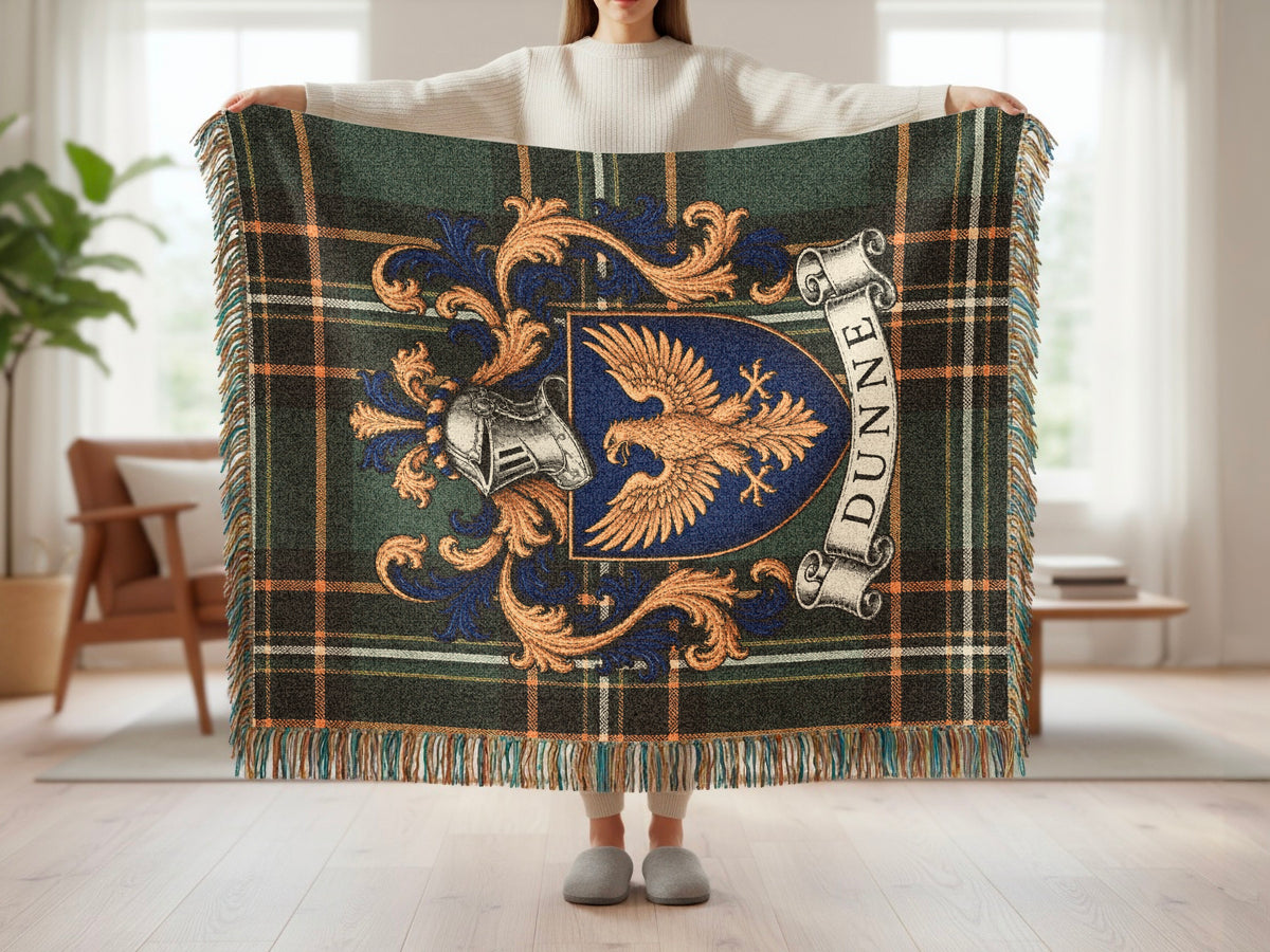Dunne Irish National Tartan woven blanket with family crest and fringed edges