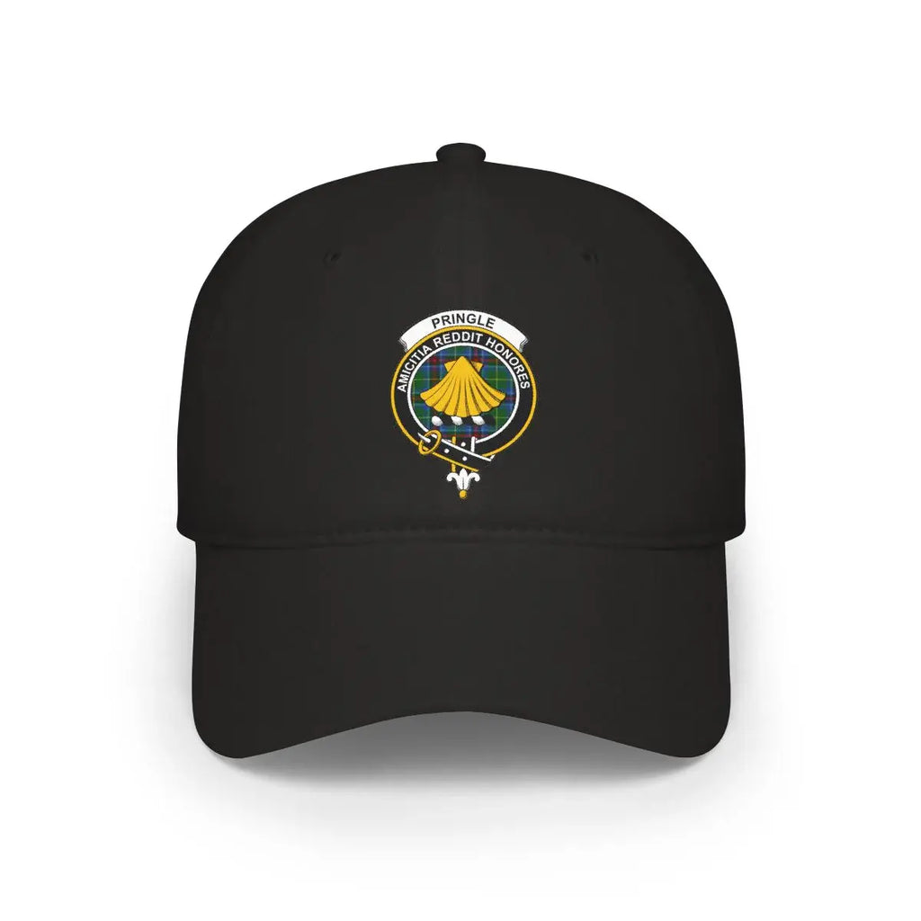Clan Pringle crest tartan cap in black — printed Amicitia Reddit Honores design, low-profile cotton hat