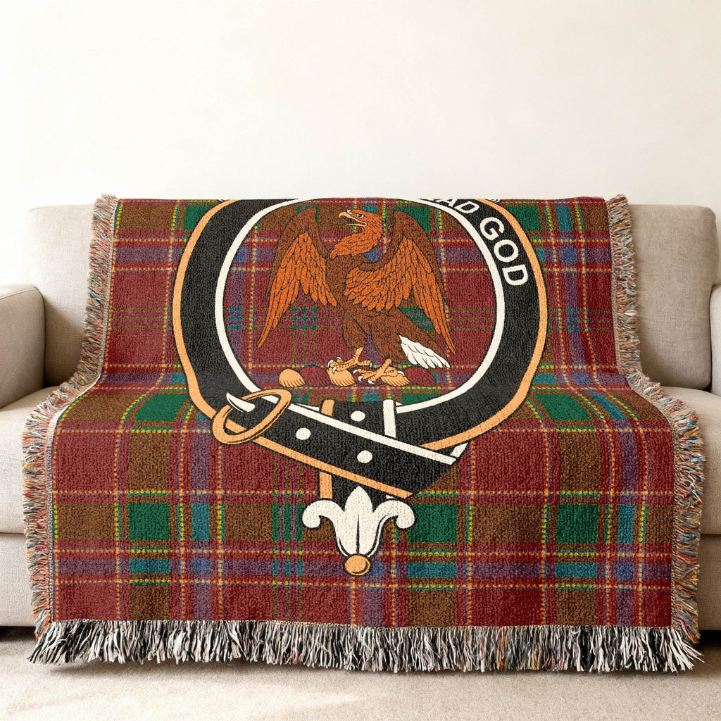 Munro Dread God highland eagle crest tartan woven blanket draped — cotton throw with fringe