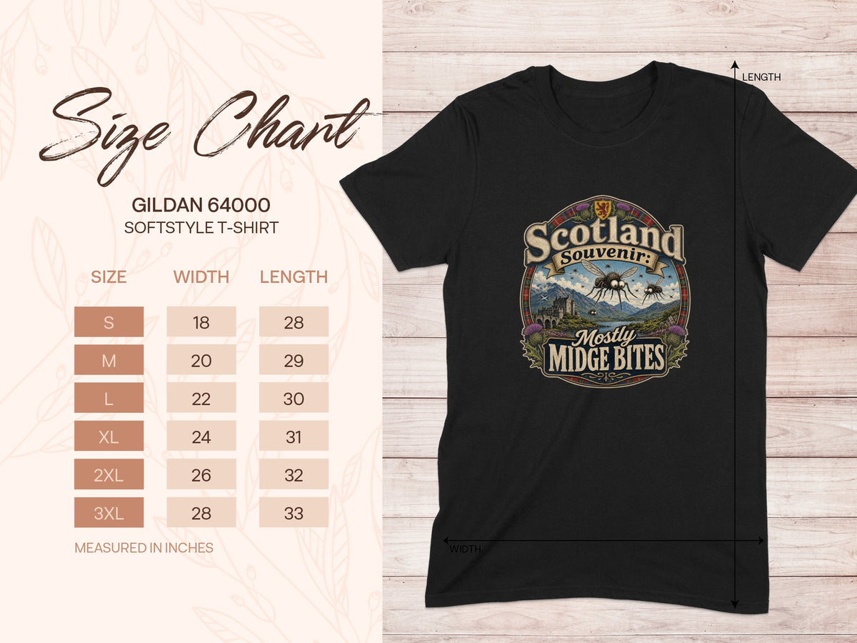 Size chart for Gildan 64000 Softstyle t-shirt with graphic.