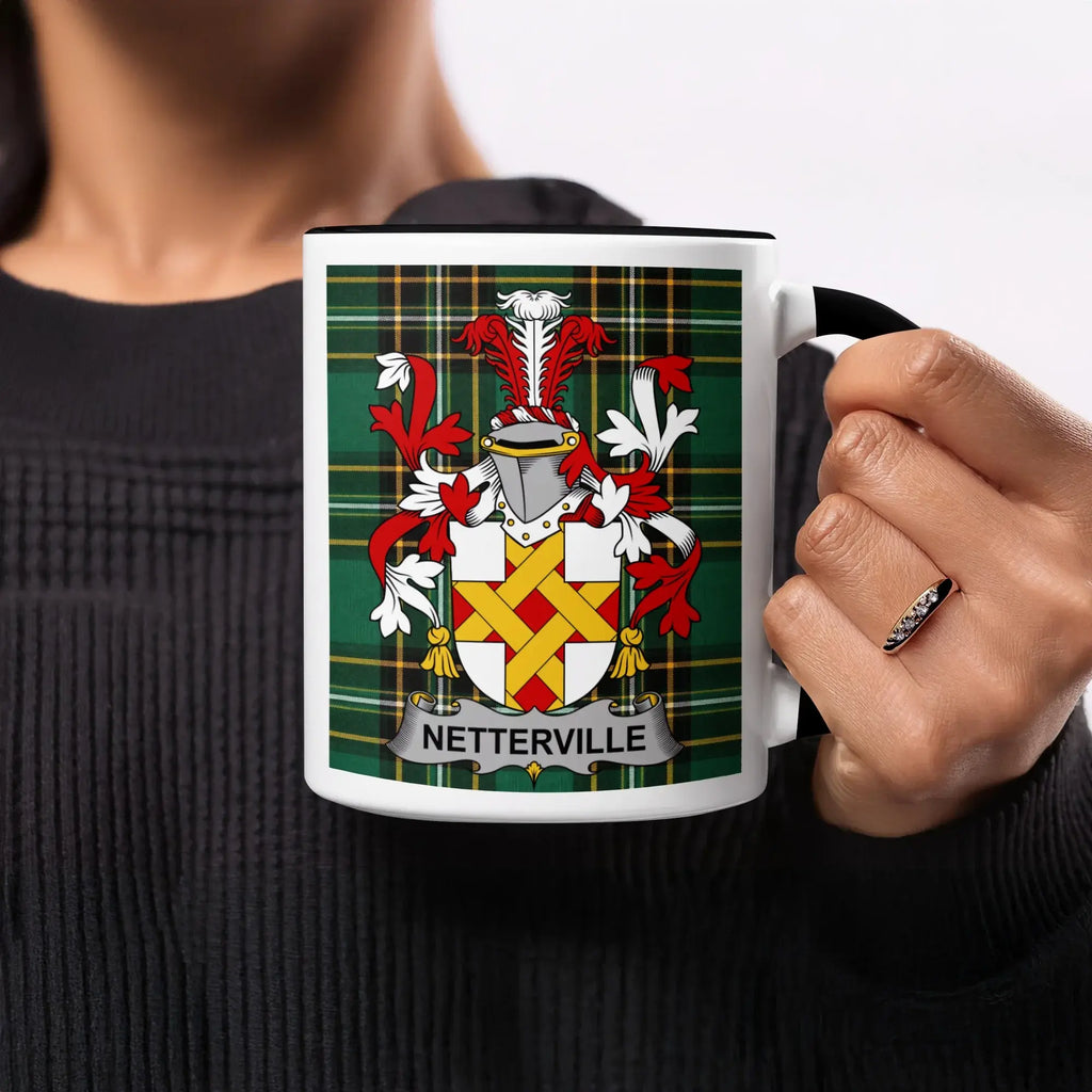 Netterville Irish heritage mug with black handle and interior