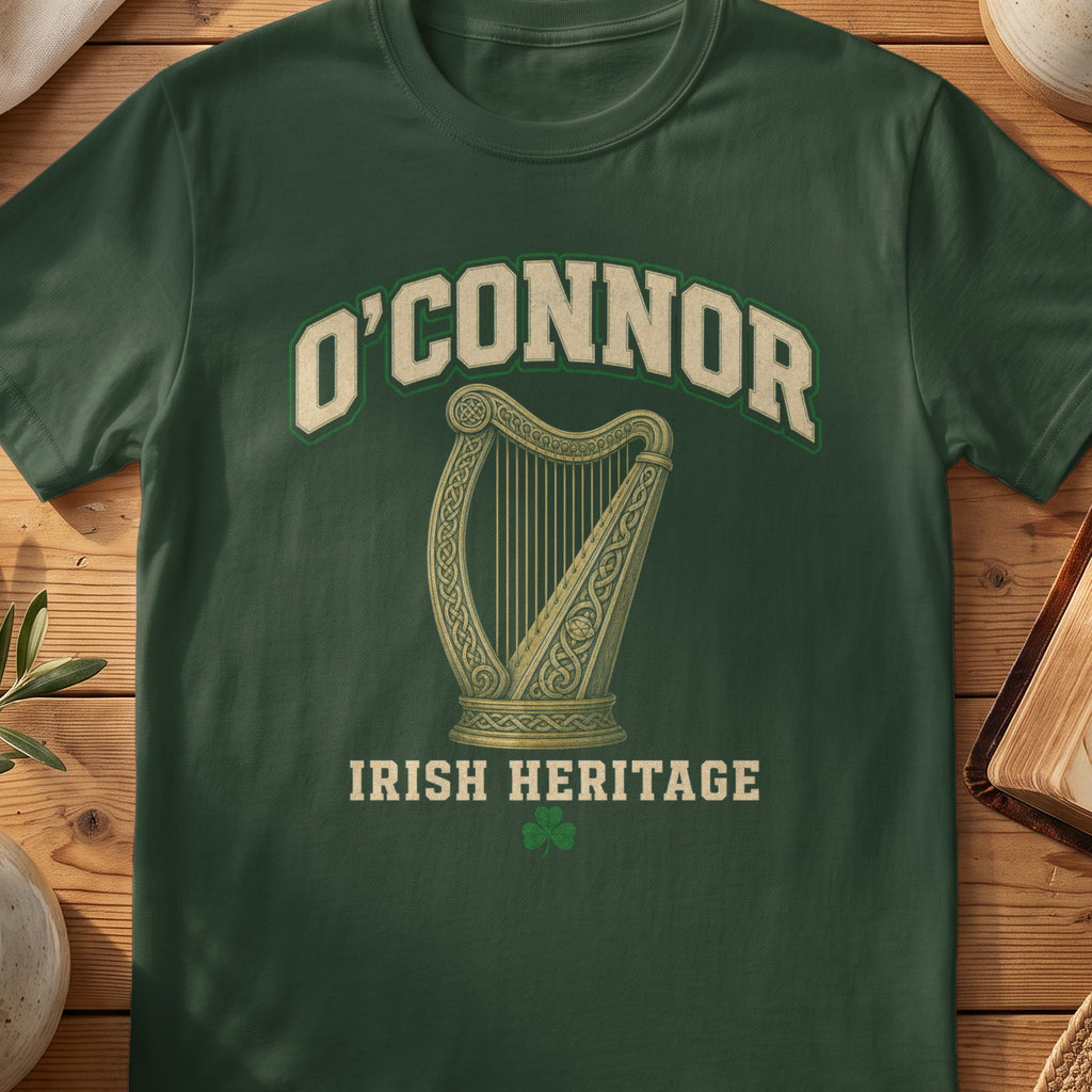 O'Connor Irish harp T-shirt in Forest Green, with cream surname lettering, a gold-toned harp, green shamrock and “Irish Heritage” text.