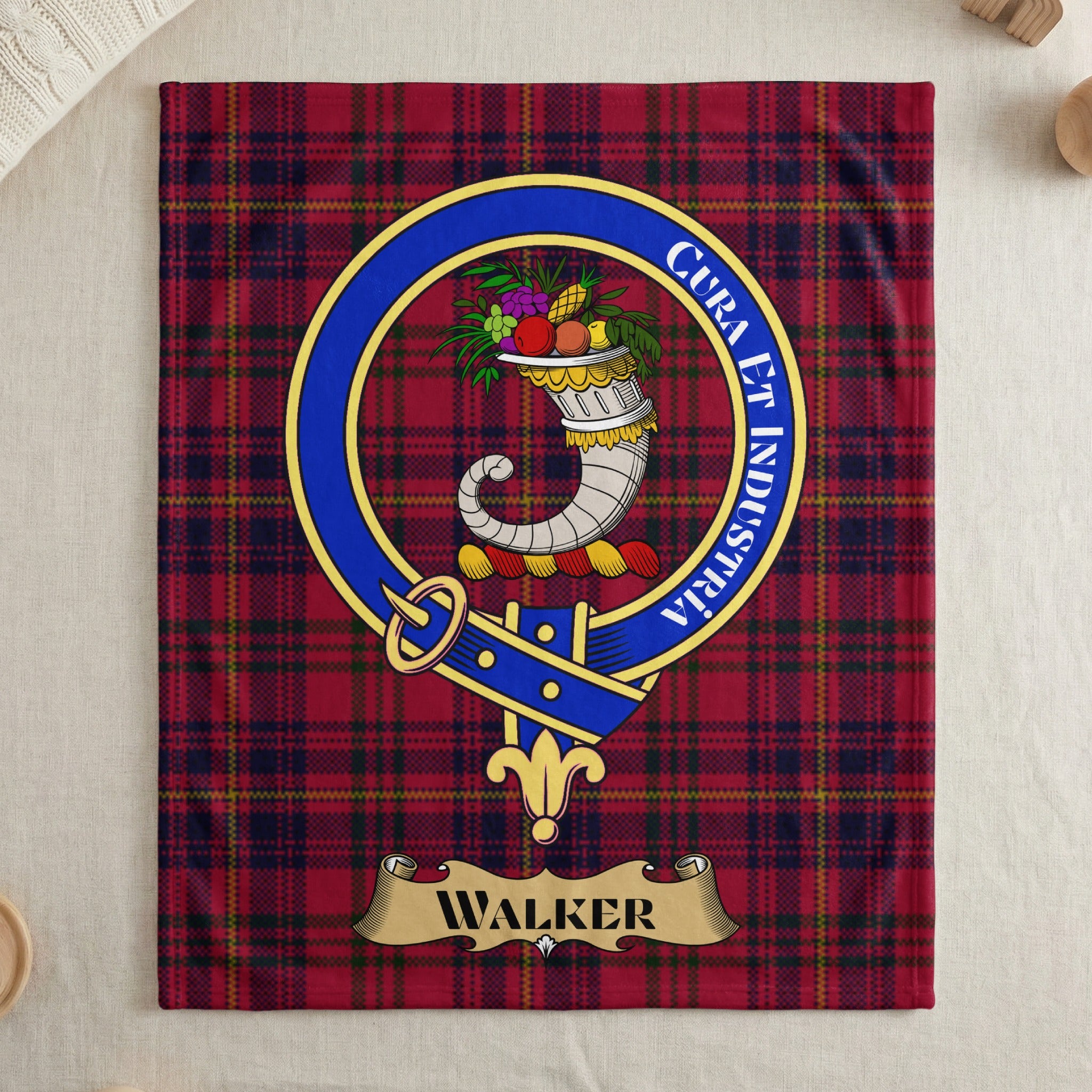 Walker clan tartan throw blanket with crest — draped display