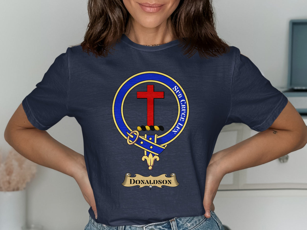 Donaldson Scottish clan crest design on navy T-shirt
