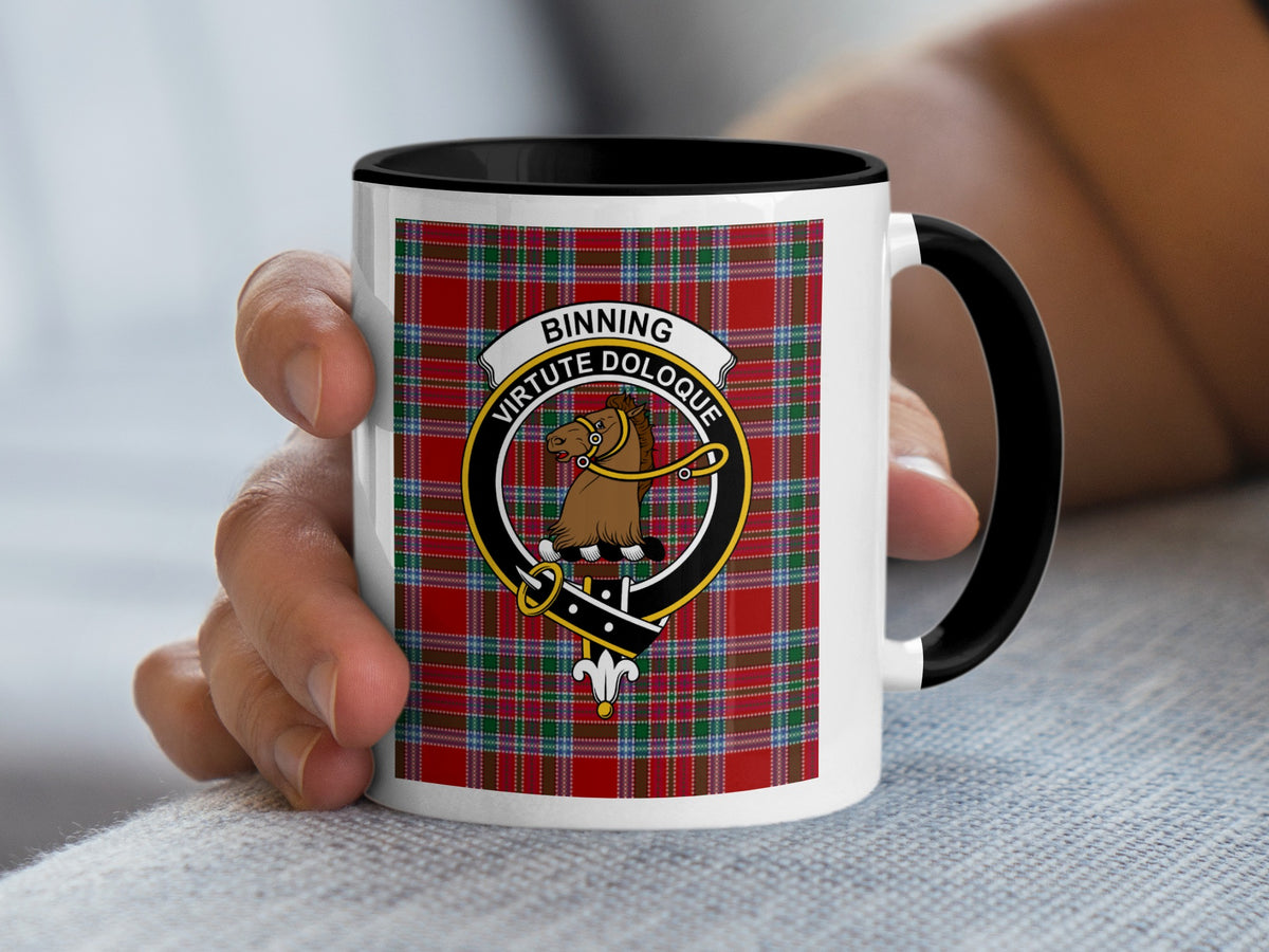 Binning Scottish family crest artwork on an 11 oz black accent mug with a tartan background
