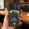 Clan Stirling gang forward tartan phone case — glossy edge-to-edge stag crest print, iPhone shown