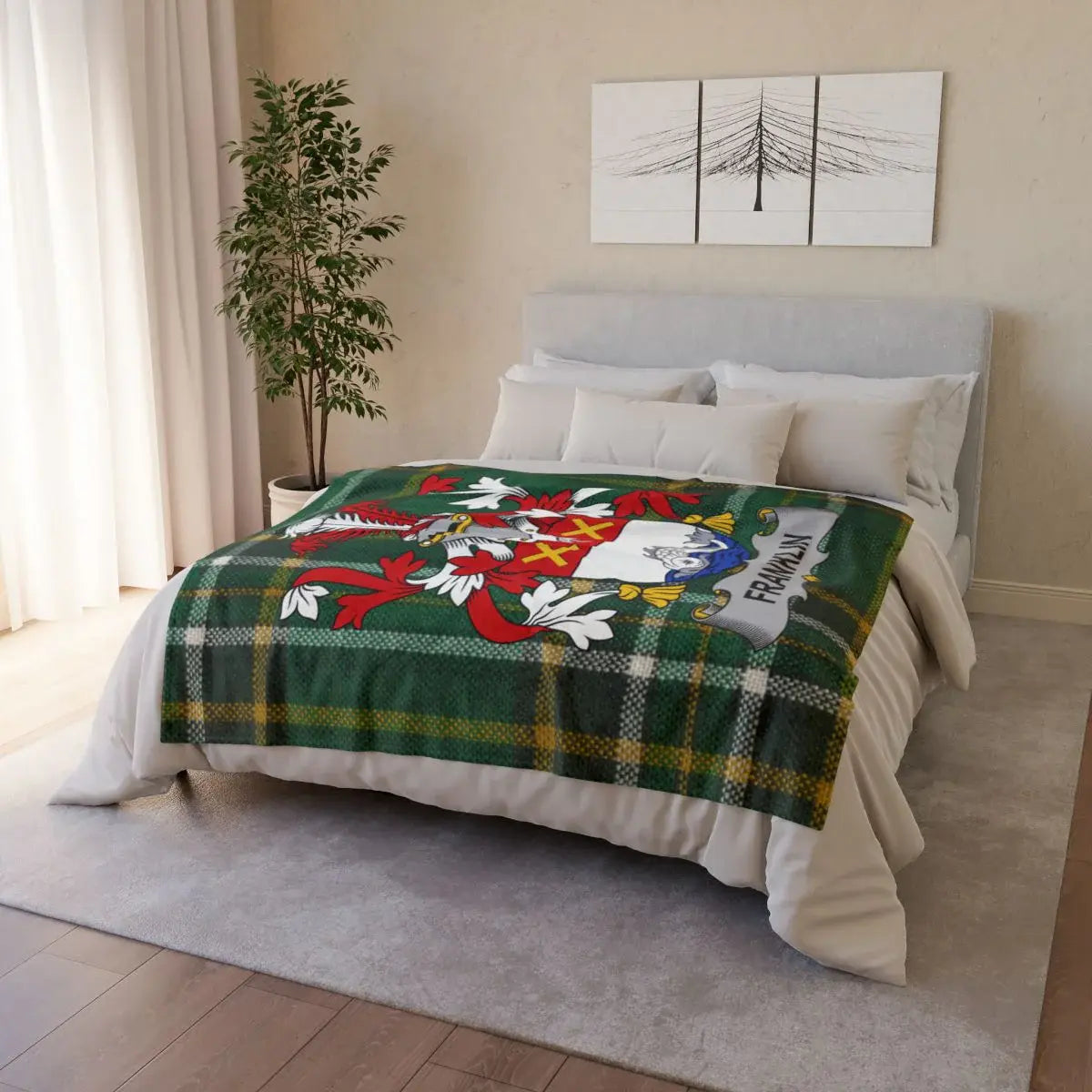 Cozy Green Plaid Blanket with Family Crest Design product
