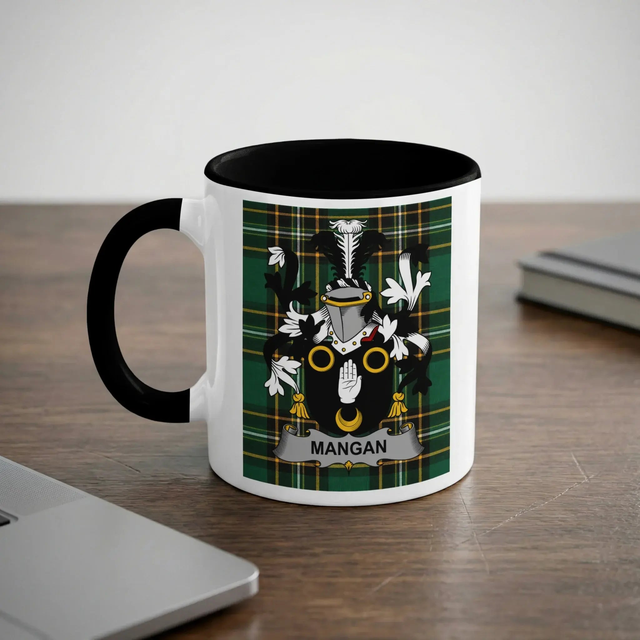 Mangan Irish heritage mug with black handle and family crest