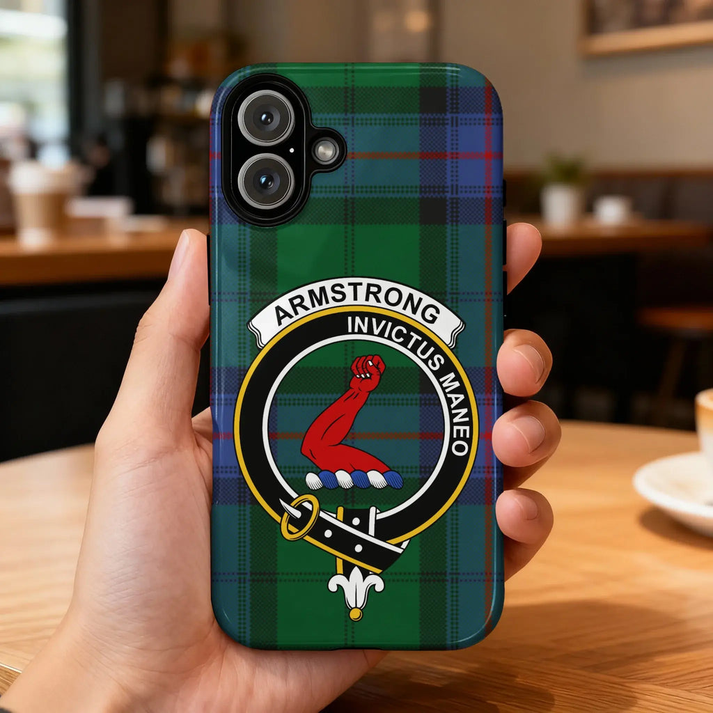 Armstrong clan crest tartan phone case — Invictus Maneo design, glossy finish for iPhone and Samsung