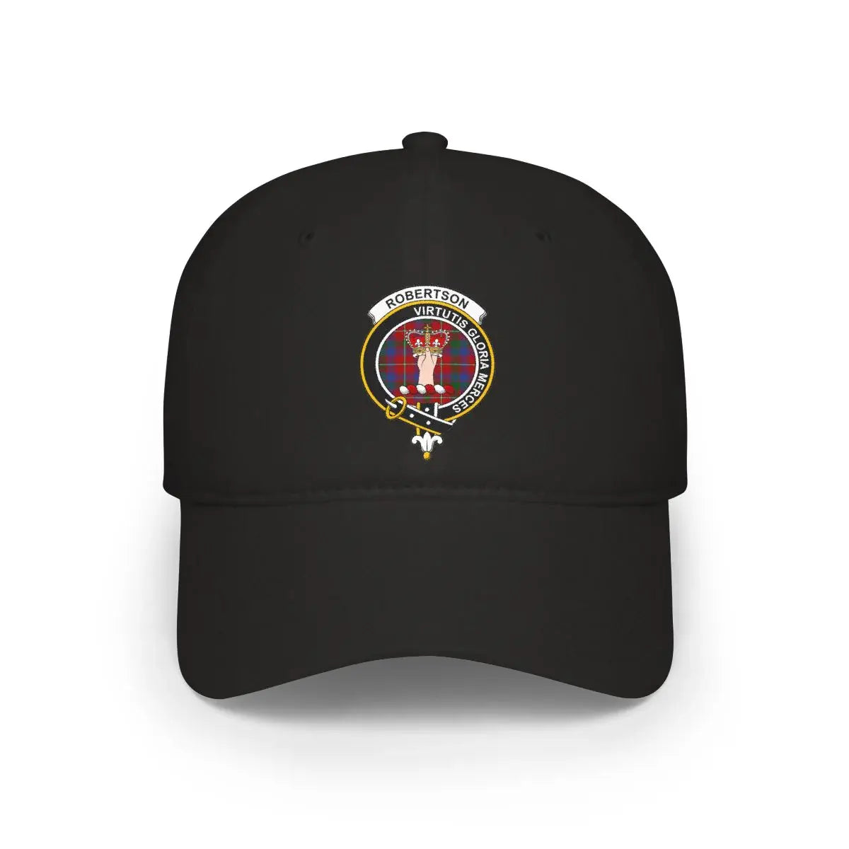 Clan Robertson crest tartan cap in black — low-profile cotton Scottish clan hat