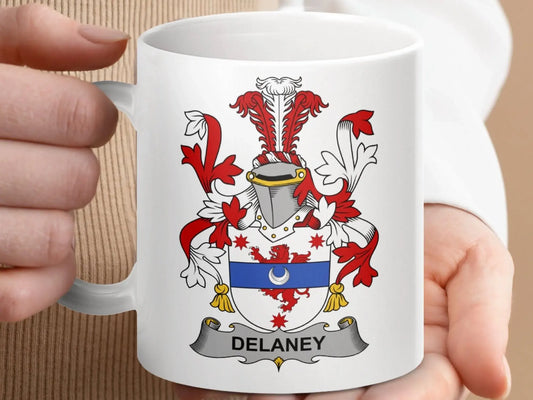 Delaney Surname Irish Family Crest Mug - Celtic Ancestry Gifts