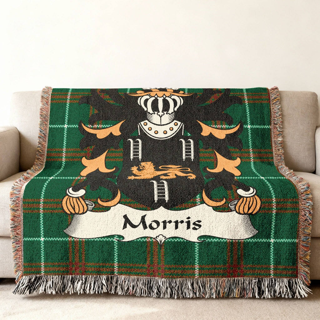 Green plaid blanket with Morris family crest and lion.