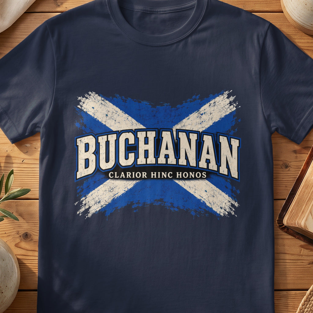 Buchanan Scottish Saltire T-shirt in Navy, with distressed blue and cream flag and “Clarior Hinc Honos” lettering.