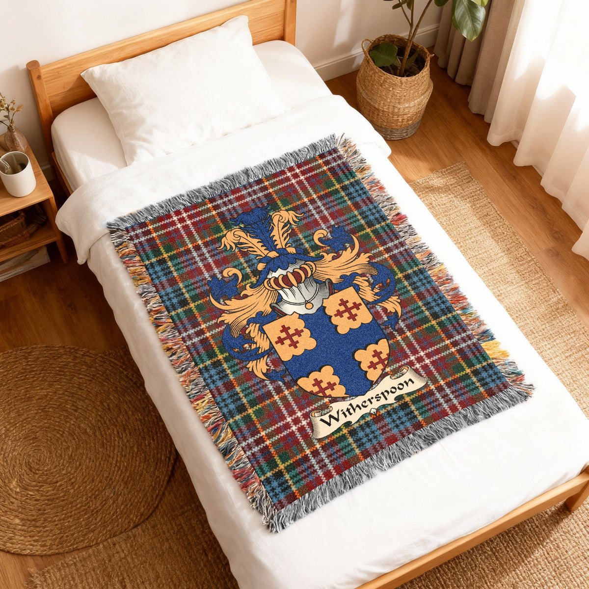 Witherspoon Caledonia tartan heritage woven throw blanket with family shield