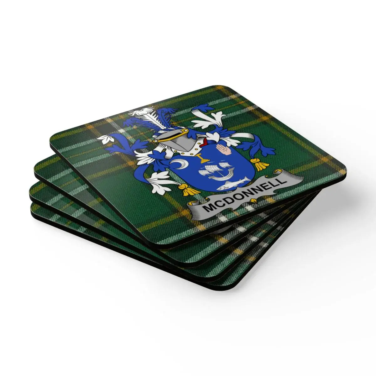 McDonnell Family Crest on Tartan Design Coaster product