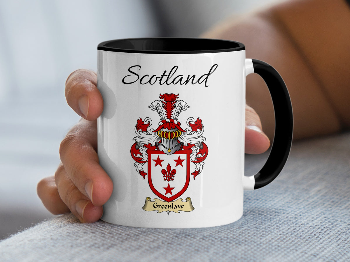 Greenlaw Scottish family crest accent mug with Scotland above the coat of arms design