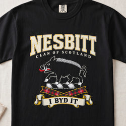 Nesbitt Scottish clan graphic T-shirt in Black, front view