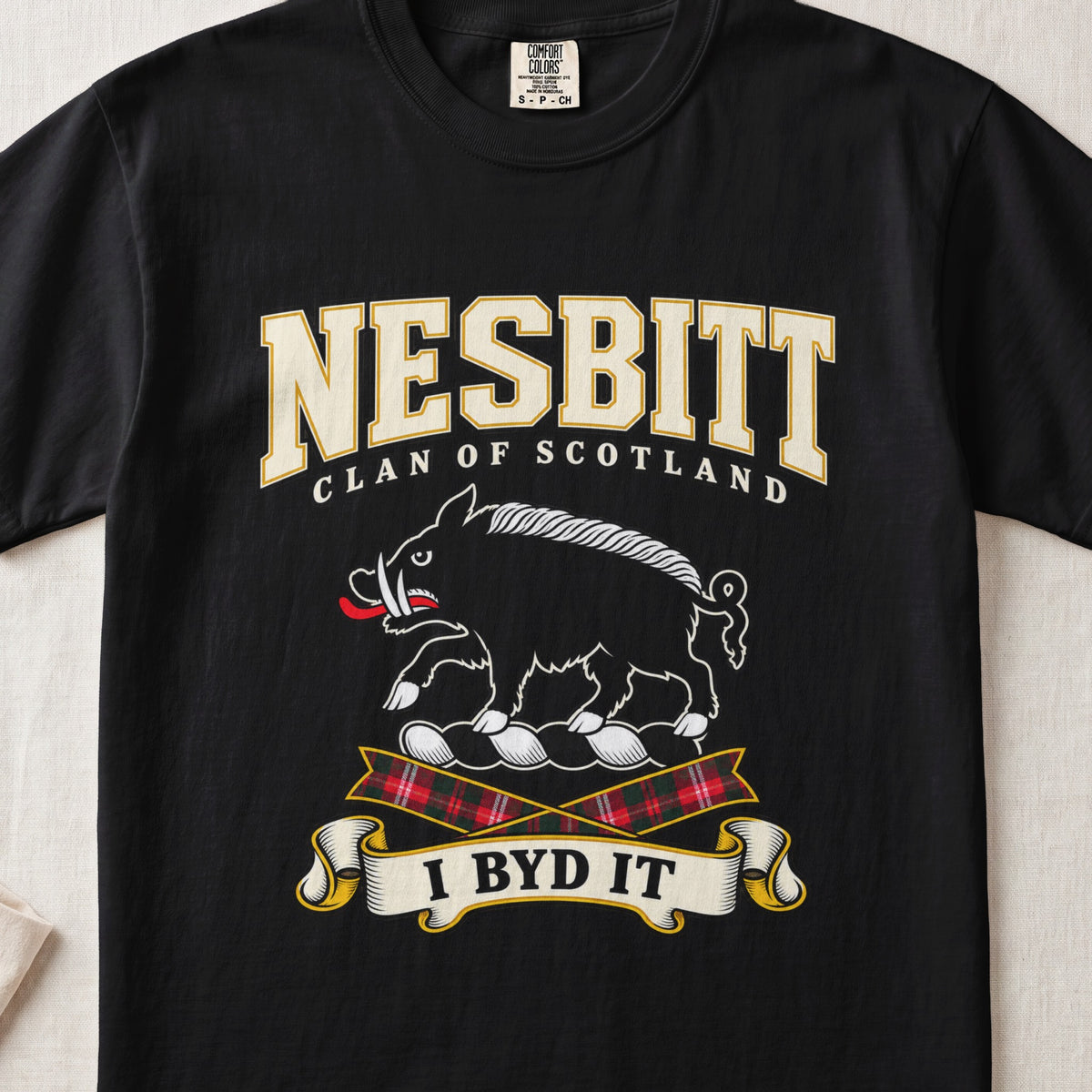 Nesbitt Scottish clan graphic T-shirt in Black, front view