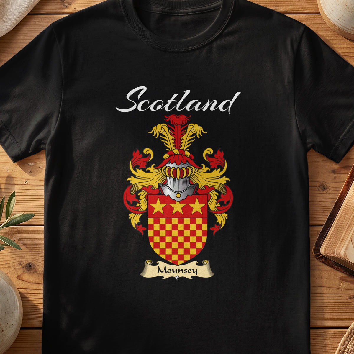 Black Mounsey Scottish T-shirt featuring red-and-gold checks beneath three gold stars