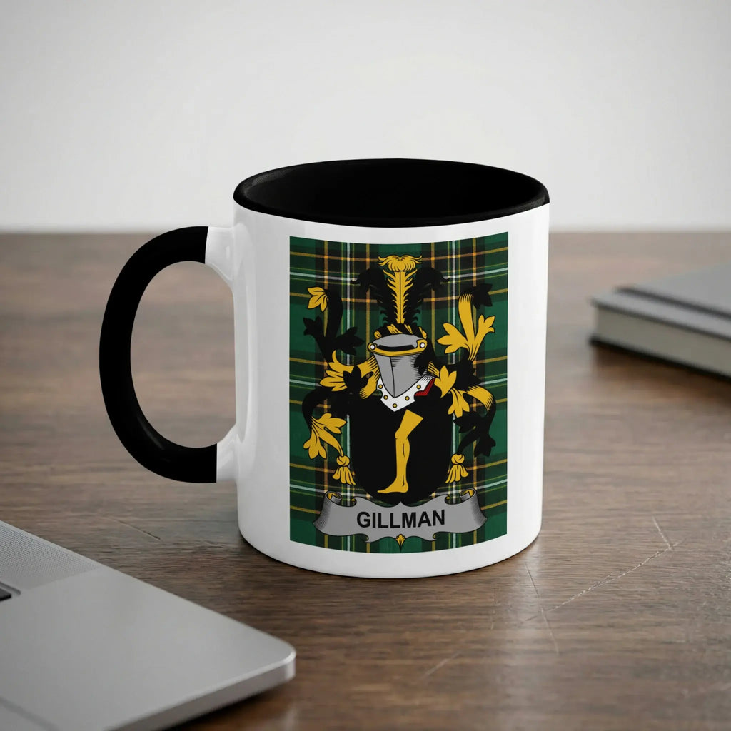 White mug with black rim, displaying the Gillman coat of arms.