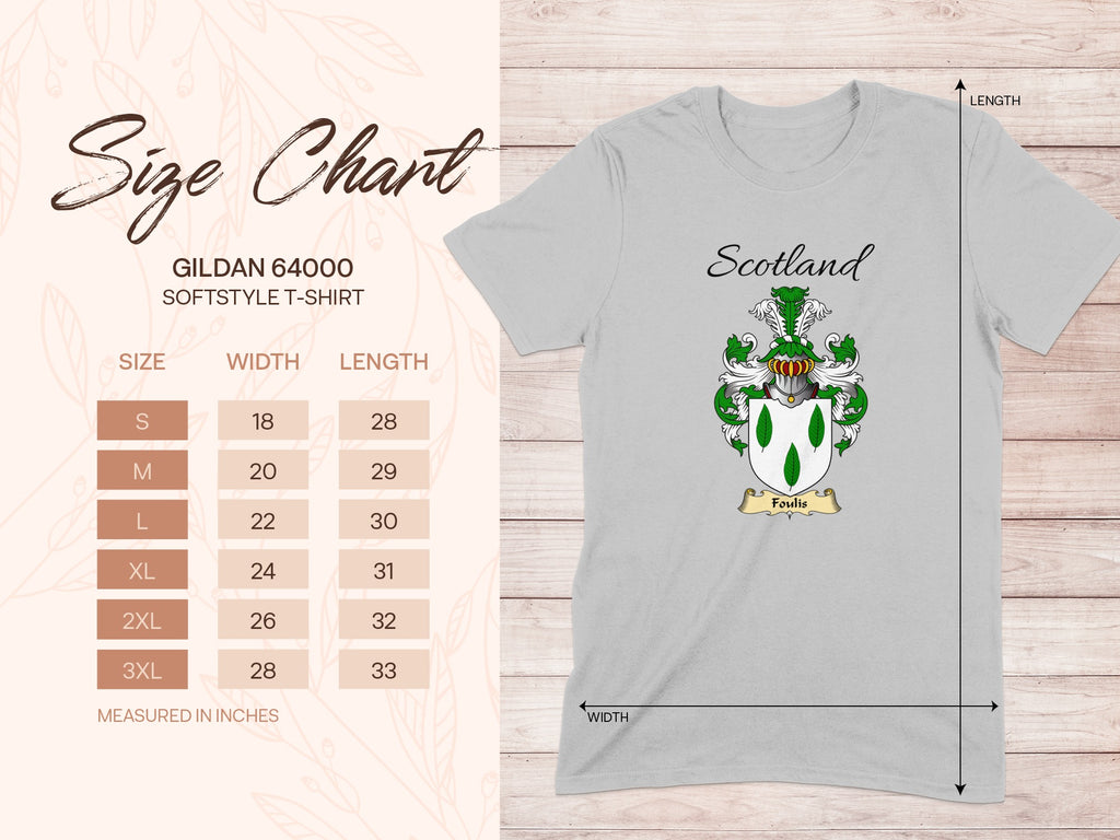 Gildan 64000 size chart for the Foulis unisex T-shirt, sizes S to 3XL