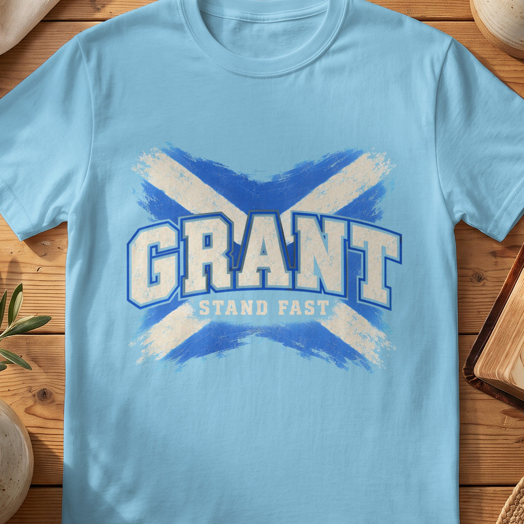 Grant Scottish Saltire T-shirt in Sky, with distressed blue and cream flag and “Stand Fast” lettering.