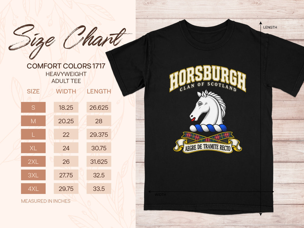 Comfort Colors 1717 size chart for the Horsburgh Scottish clan T-shirt, adult sizes S–4XL.