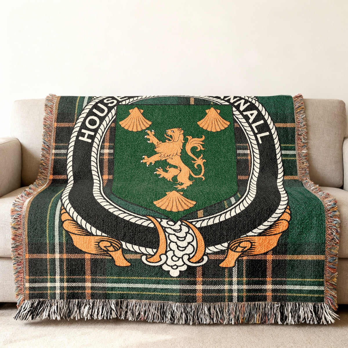 MacRannall Irish National Tartan woven blanket displayed on a sofa