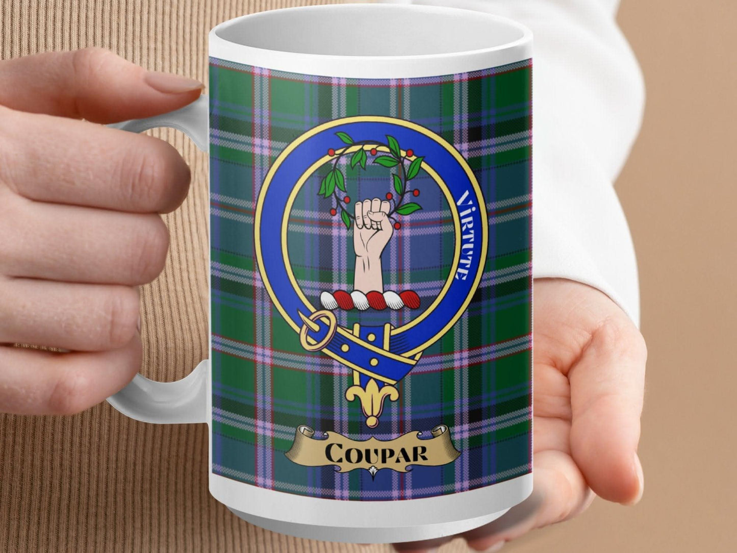 Coupar Virtute Emblemed Tartan Mug product