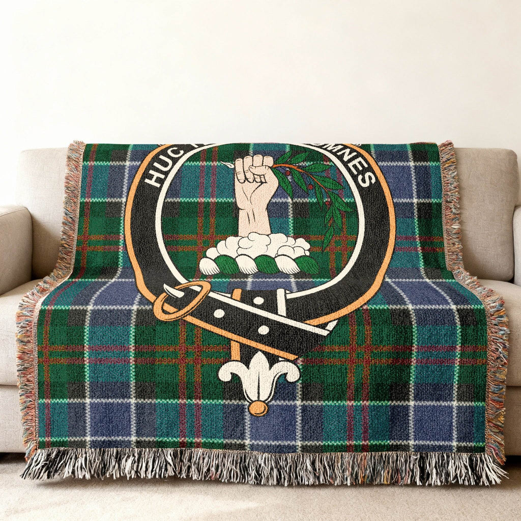 Paterson clan crest woven tartan throw — fringe edges, 52" x 37" size