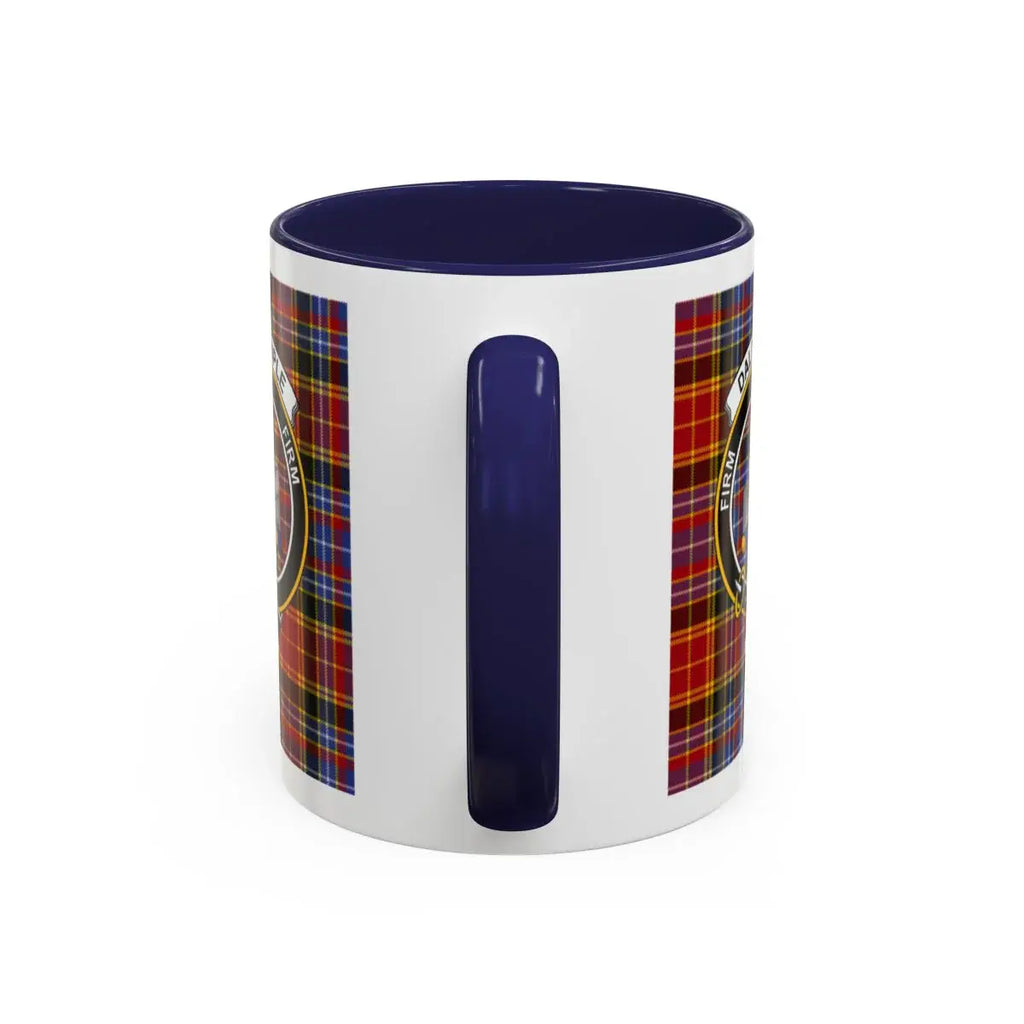Dalrymple clan mug lifestyle shot — 15oz ceramic with red handle, morning coffee setting