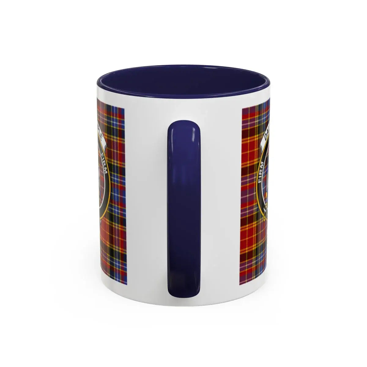 Dalrymple clan mug lifestyle shot — 15oz ceramic with red handle, morning coffee setting