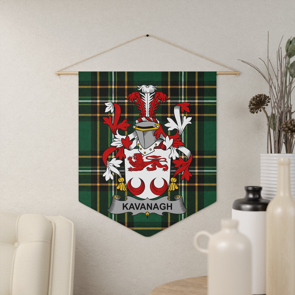 Kavanagh family crest on green tartan banner hanging on wall.