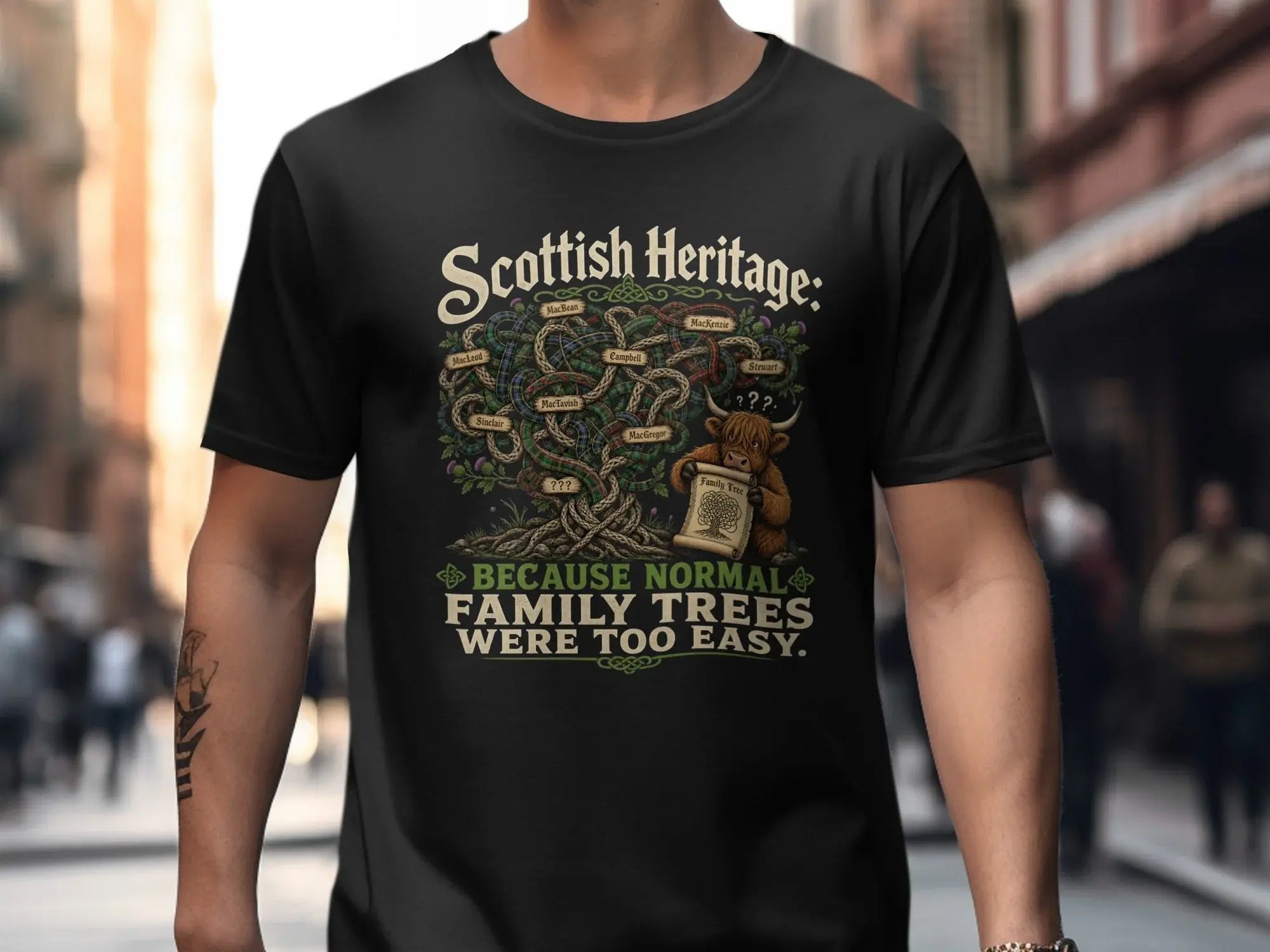 Scottish heritage family tree with Highland cow and humorous text.