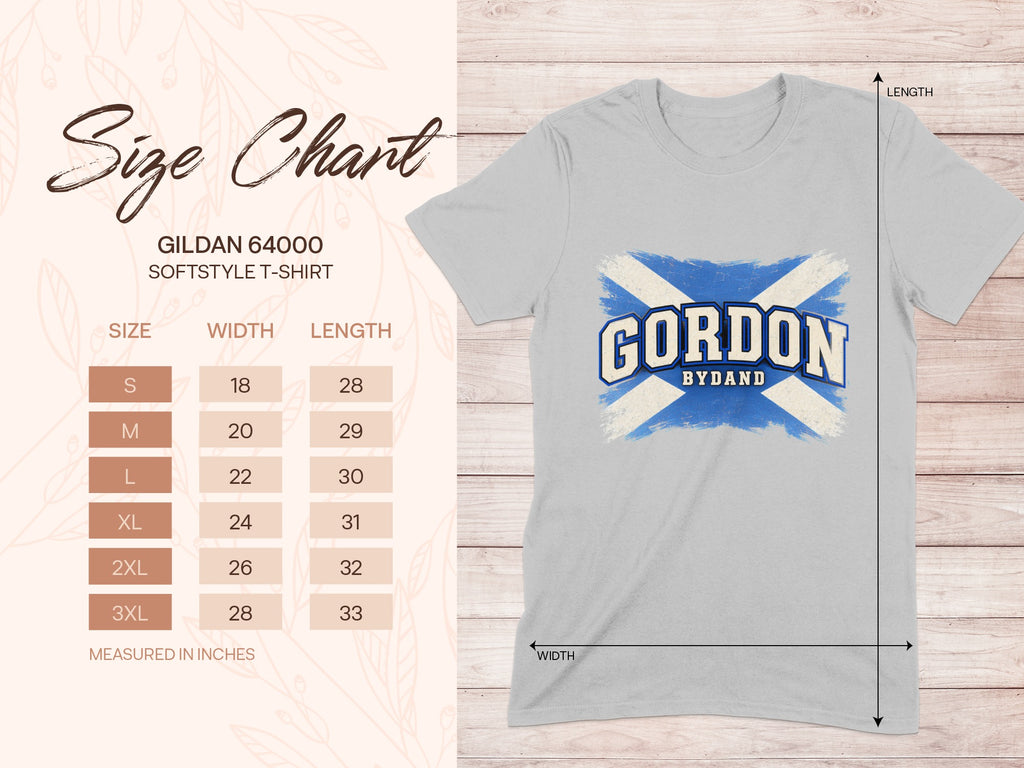 Gildan Softstyle 64000 size chart for the Gordon Saltire T-shirt, showing shirt width and length in inches.