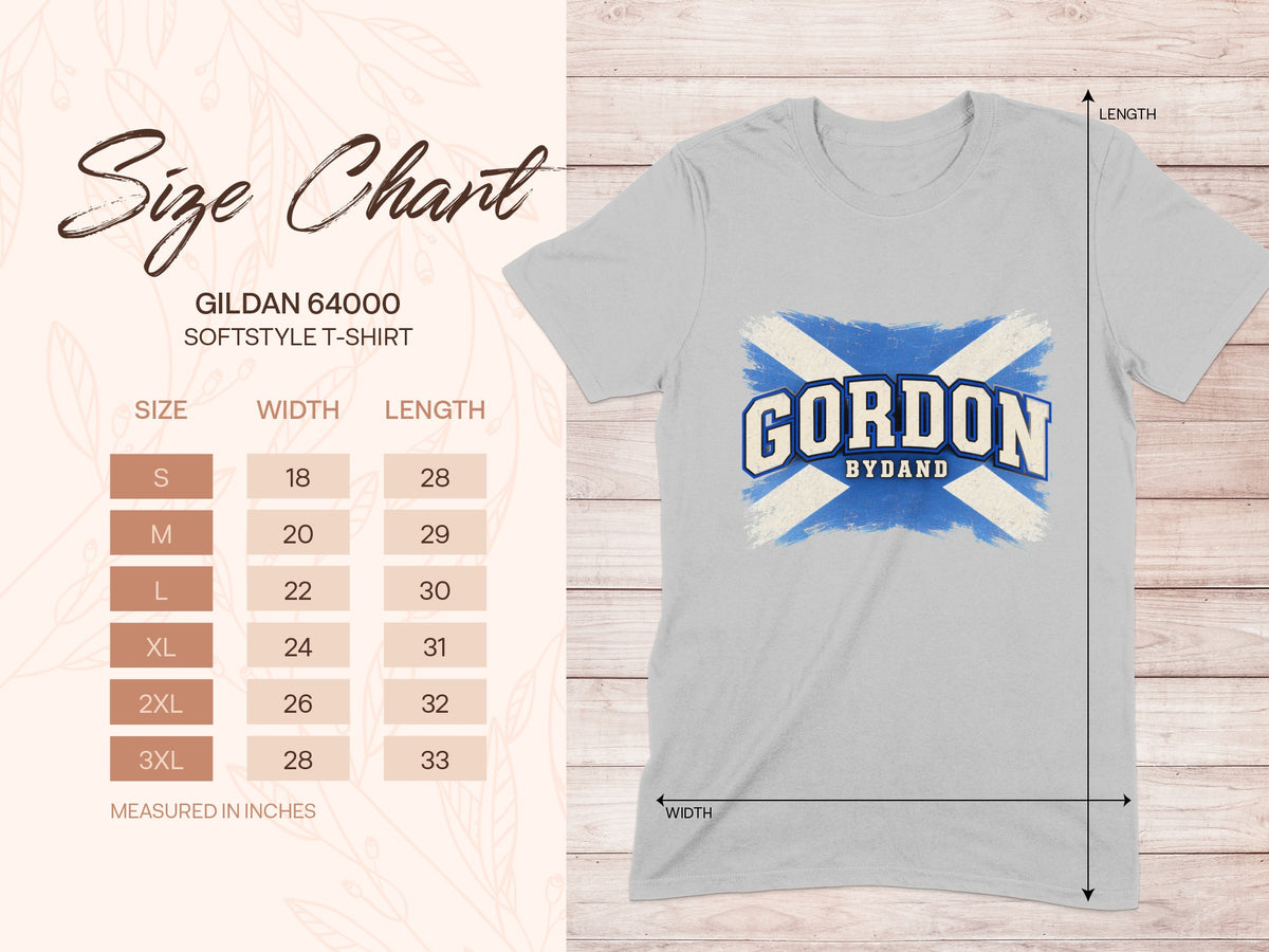 Gildan Softstyle 64000 size chart for the Gordon Saltire T-shirt, showing shirt width and length in inches.