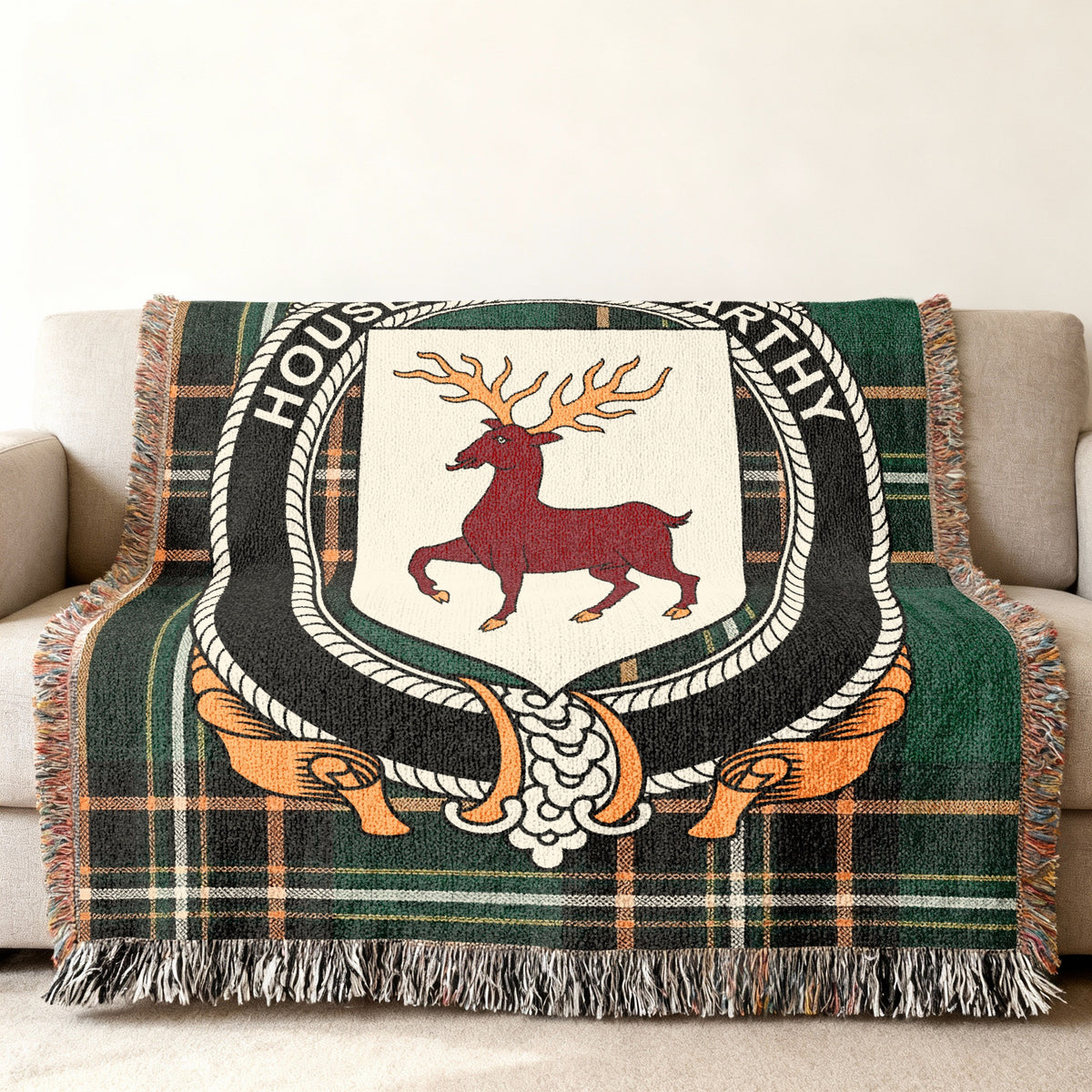 MacCarthy Irish National Tartan woven blanket displayed on a sofa